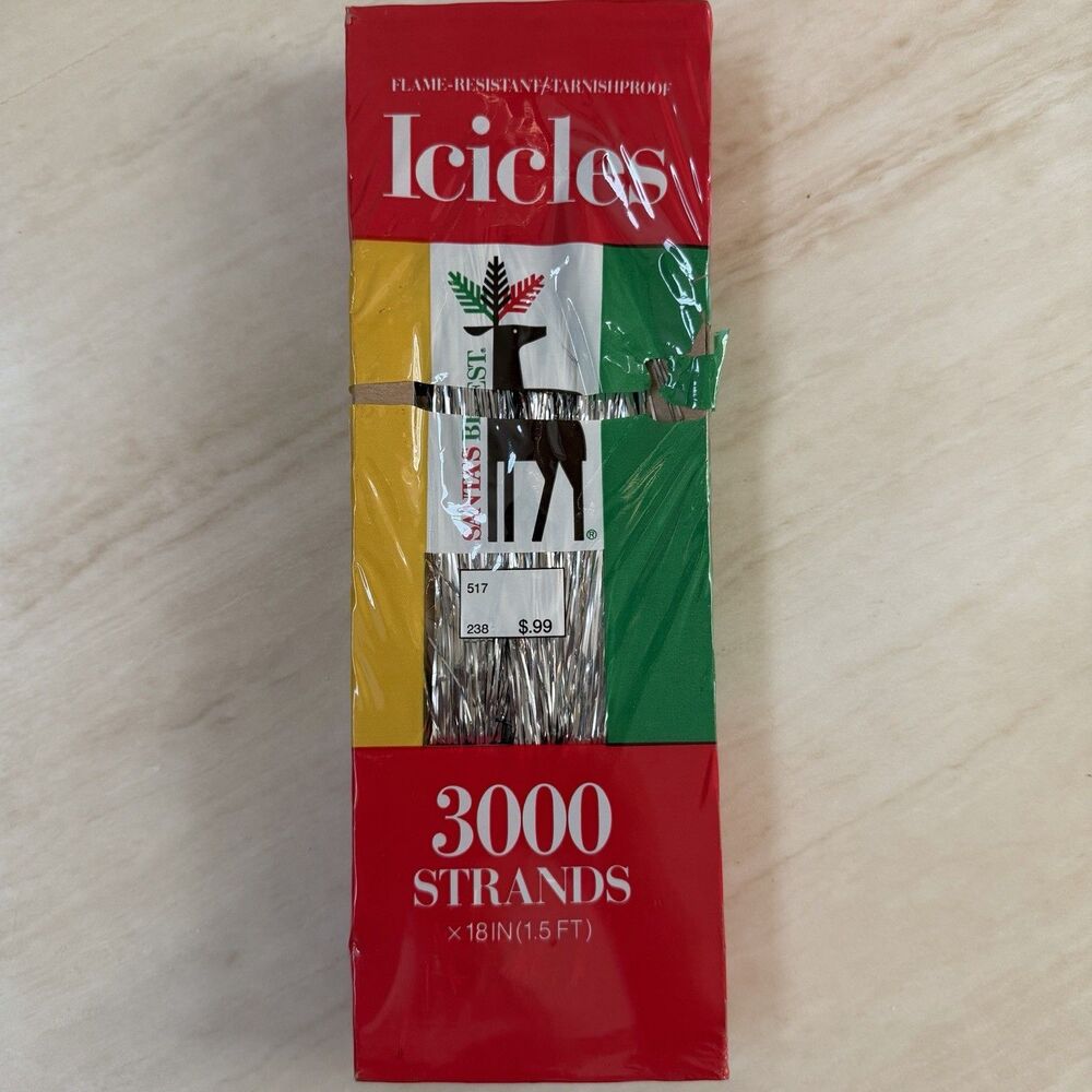 Vintage Christmas Tree Icicles Silver Tinsel 3000 Strands 18โ Made in USA NOS
